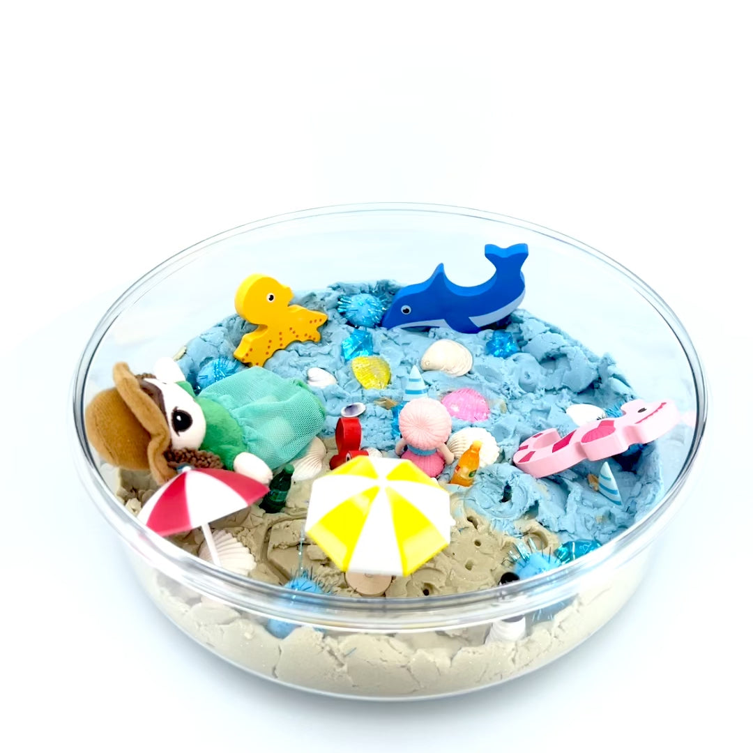 Beach Day Sensory play kit with kinetic sand and organic cotton doll - Blossom & Bloom Kids