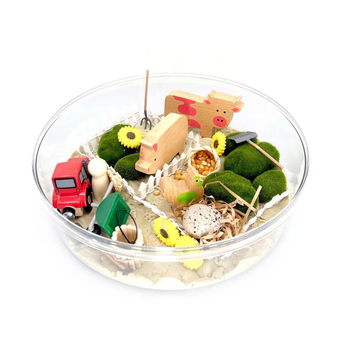 Bloom Box Barnyard Friends Sensory play kit with kinetic sand and wooden animal toys that support Montessori learning from Blossom & Bloom Kids - Barnyard Friends, Farm Animal Set with Kinetic Sand - Blossom & Bloom Kids