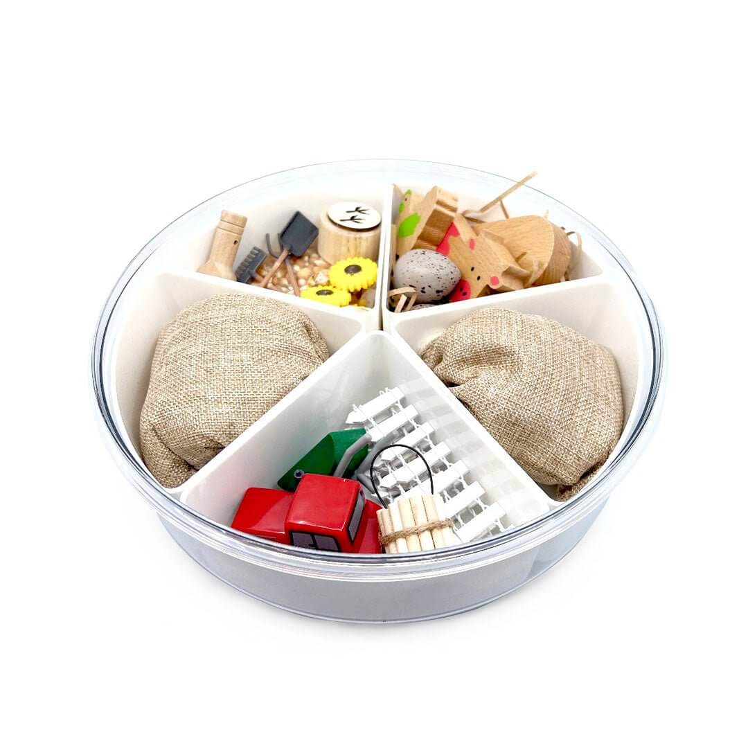 Organized in a compartmentalized box Barnyard Friends Sensory play kit with kinetic sand and wooden animal toys that support Montessori learning from Blossom & Bloom Kids - Barnyard Friends, Farm Animal Set with Kinetic Sand - Blossom & Bloom Kids