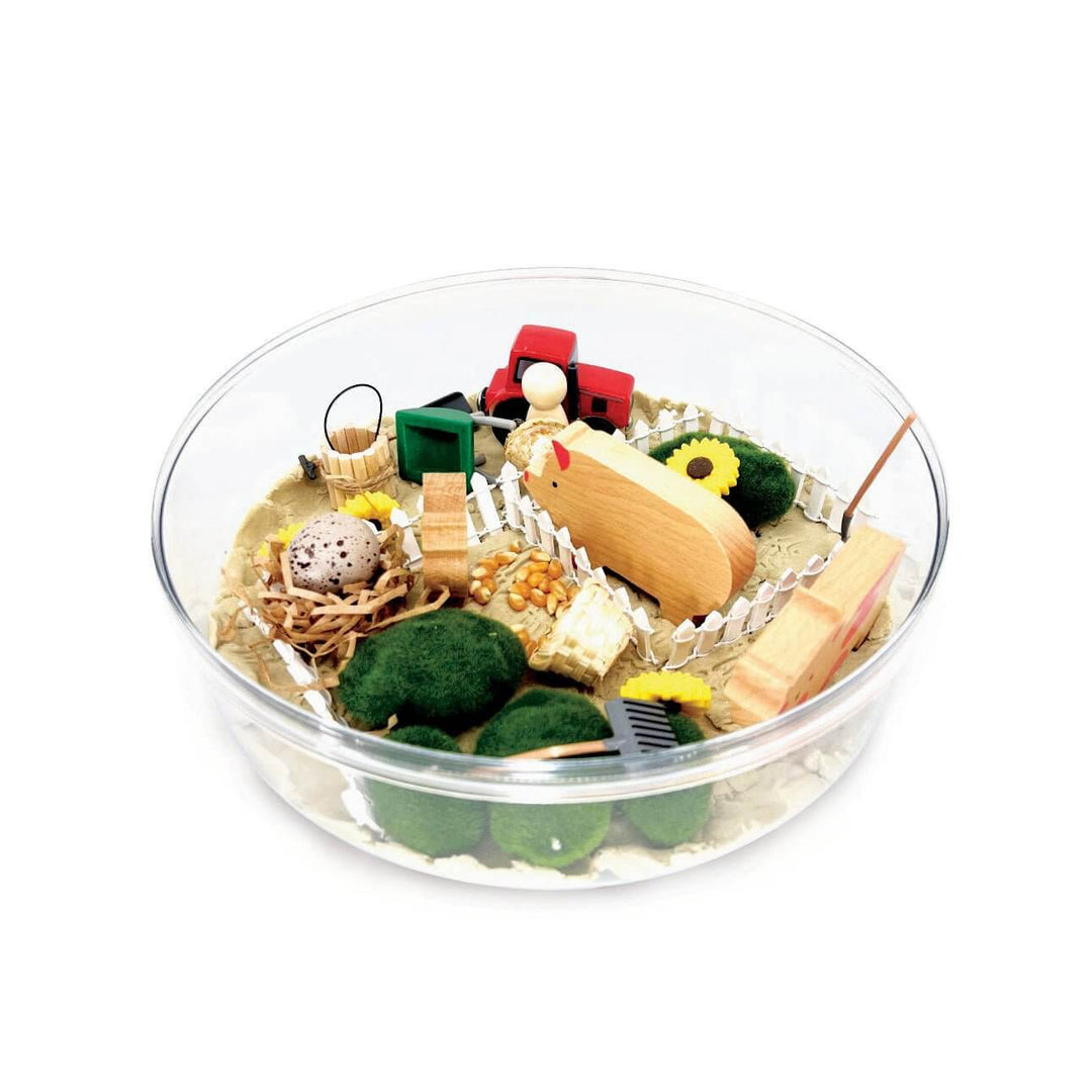 Design your own farm Barnyard Friends Sensory play kit with kinetic sand and wooden animal toys that support Montessori learning from Blossom & Bloom Kids - Barnyard Friends, Farm Animal Set with Kinetic Sand - Blossom & Bloom Kids