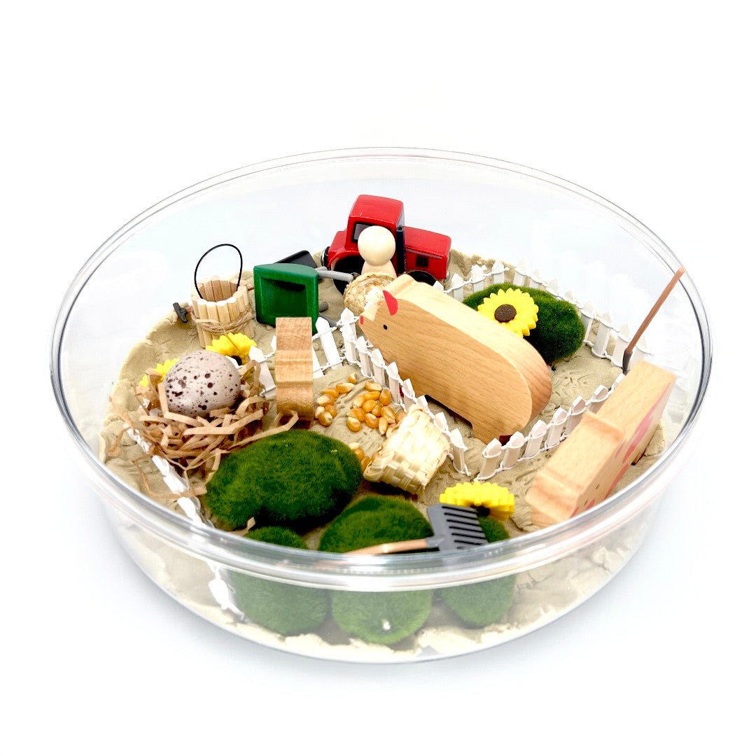 Blossom & Bloom Farm Sensory kit with kinetic sand and wooden toys for pretend play
