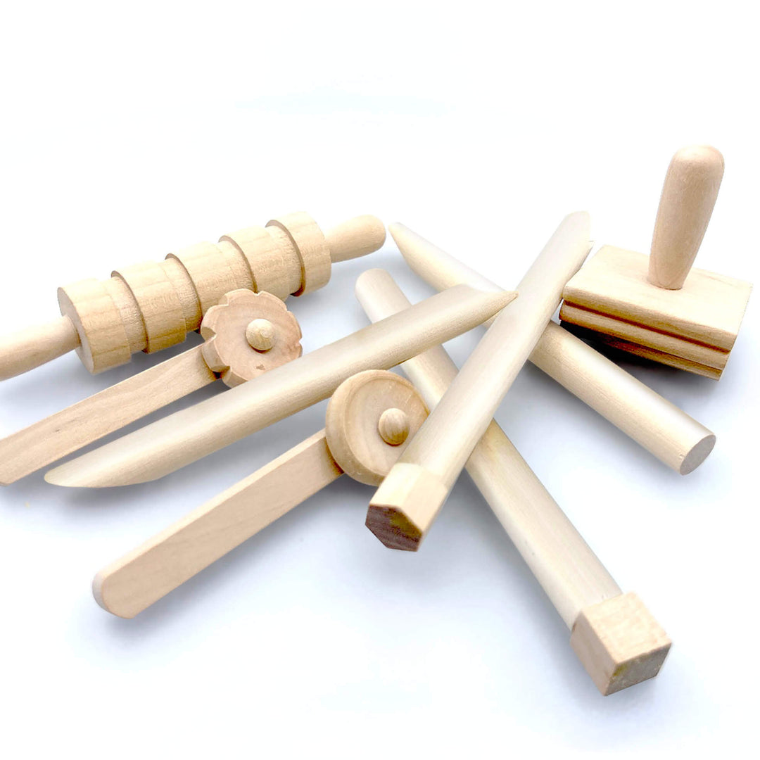 Natural Wood playdough tools for rolling patterns stamping and cutting