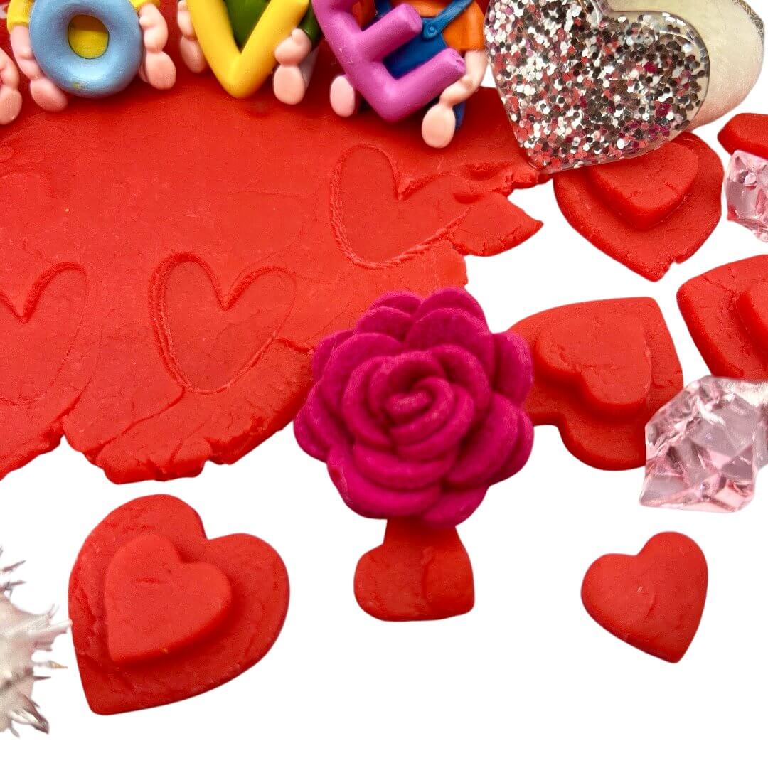 Felt flower and red playdough with heart stamped included in All You Need Is Love Bloom Bag from Blossoms & Bloom Kids - All You Need Is L-O-V-E, Playdough Kit - Blossom & Bloom Kids