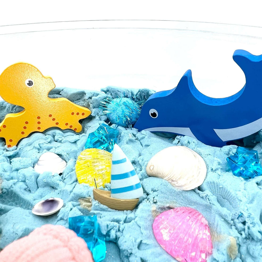 Beach Day Kinetic Sand Kit with Seashells, Wooden Sea creatures and more from Blossom & Bloom Kids - Beach Day, Ocean Theme Set with Kinetic Sand - Blossom & Bloom Kids