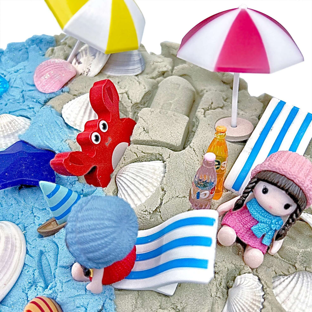 Beach Day Kinetic Sand Kit with Umbrellas, Beach Chairs, Bottles, Seashells, Wooden Sea creatures and more from Blossom & Bloom Kids - Beach Day, Ocean Theme Set with Kinetic Sand - Blossom & Bloom Kids