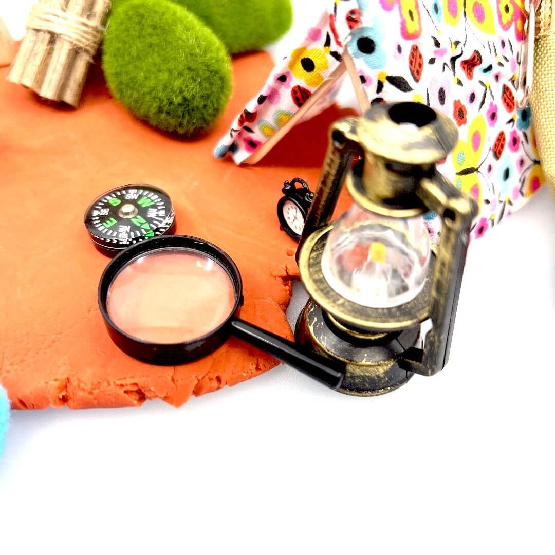 Camping trip sensory play kit with camping gear like oil lamp, magnifying glass, compass and alarm clock - Camping Trip, Imaginary / Pretend play, Play dough kit, Sensory learning, Montessori - Blossom & Bloom Kids