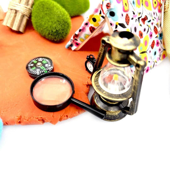 Camping trip sensory play kit with camping gear like oil lamp, magnifying glass, compass and alarm clock - Camping Trip, Imaginary / Pretend play, Play dough kit, Sensory learning, Montessori - Blossom & Bloom Kids - Camping Trip, Playdough Play Set - Blossom & Bloom Kids