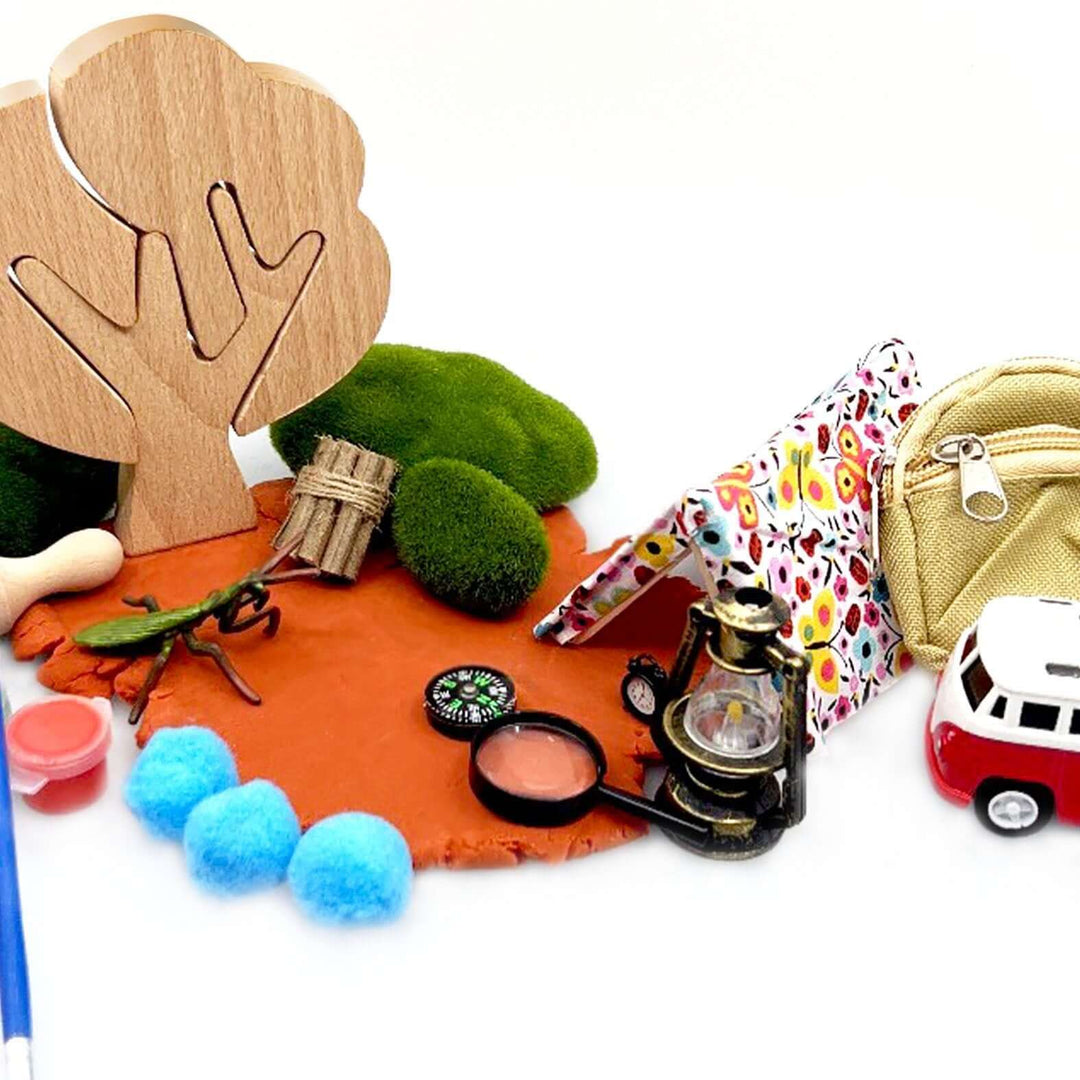 Camping trip sensory play kit with paintable tree - Camping Trip, Imaginary / Pretend play, Play dough kit, Sensory learning, Montessori - Blossom & Bloom Kids - Camping Trip, Playdough Play Set - Blossom & Bloom Kids