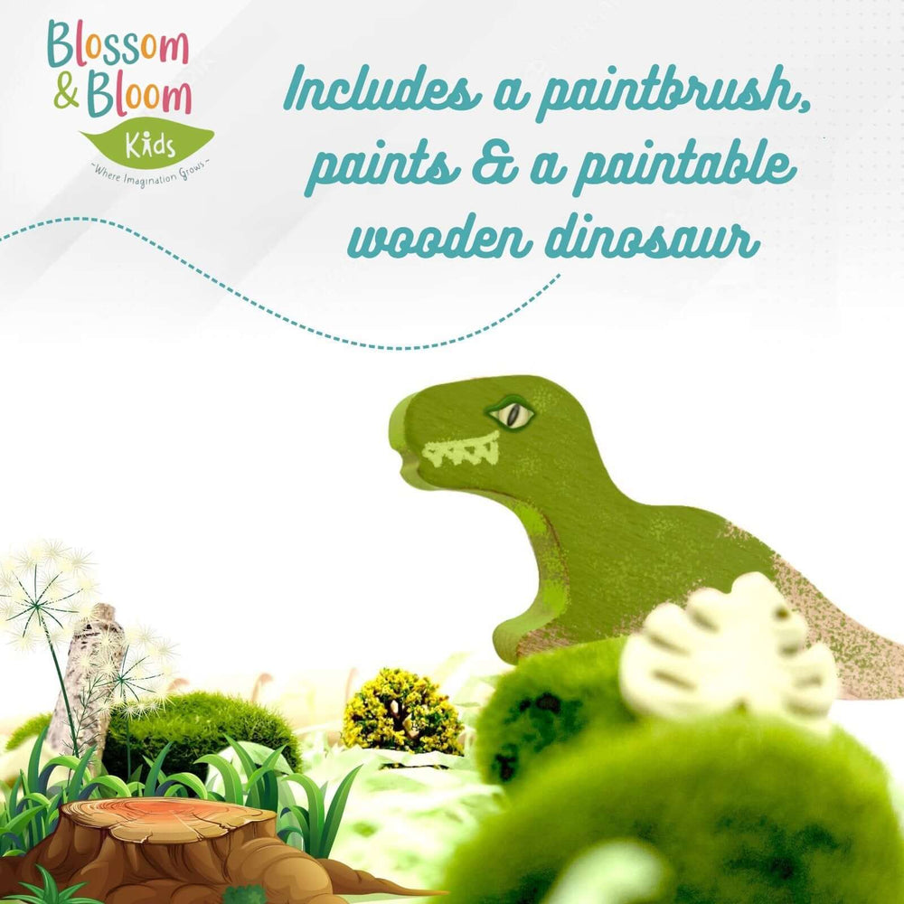 Blossom & Bloom Kids Dinosaur Quest Playdough Set includes a paintbrush, paints & a paintable wooden dinosaur - Dinosaur Quest, Playdough Kit with Paintable Dinosaurs - Blossom & Bloom Kids