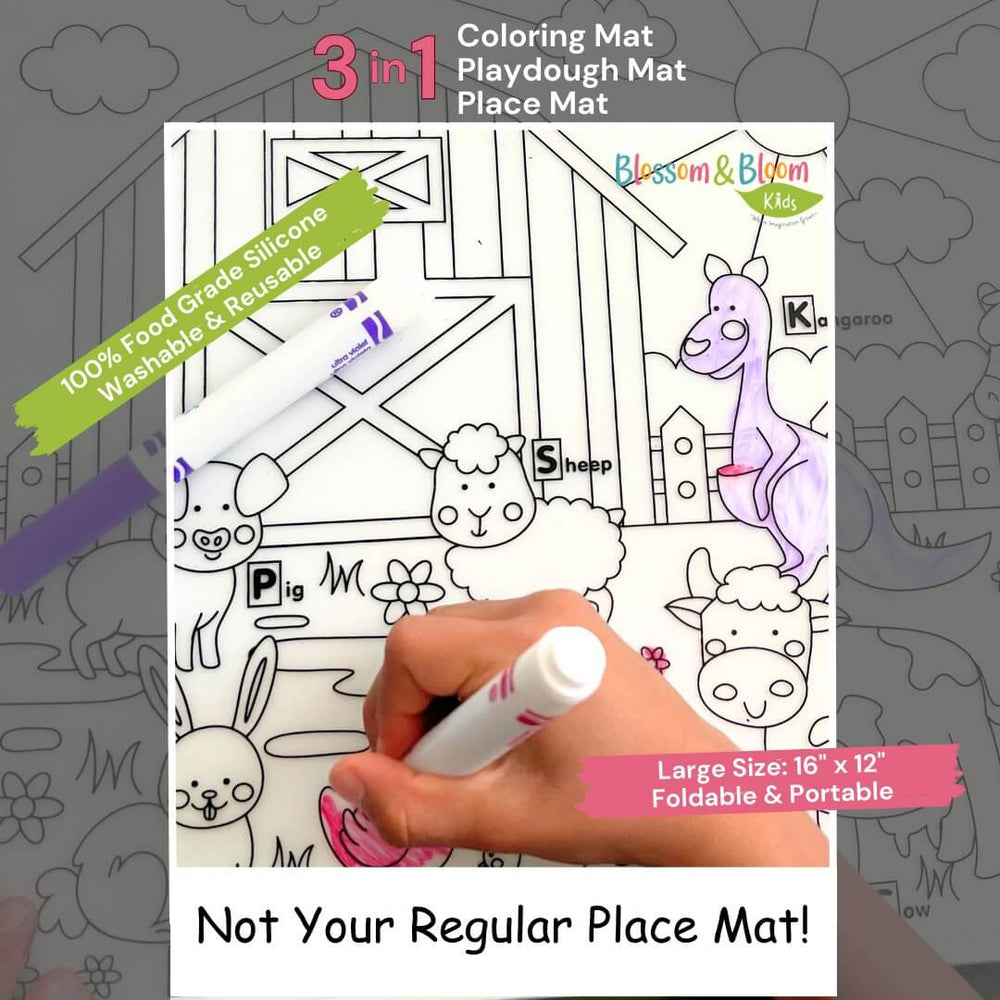 Blossom & Bloom Kids Creativity Mat is 3 in 1 Coloring Mat, Playdough Mat, Place Mat made with 100% Food Grade Silicone and Large size - Large Silicone Creativity Mat - Blossom & Bloom Kids