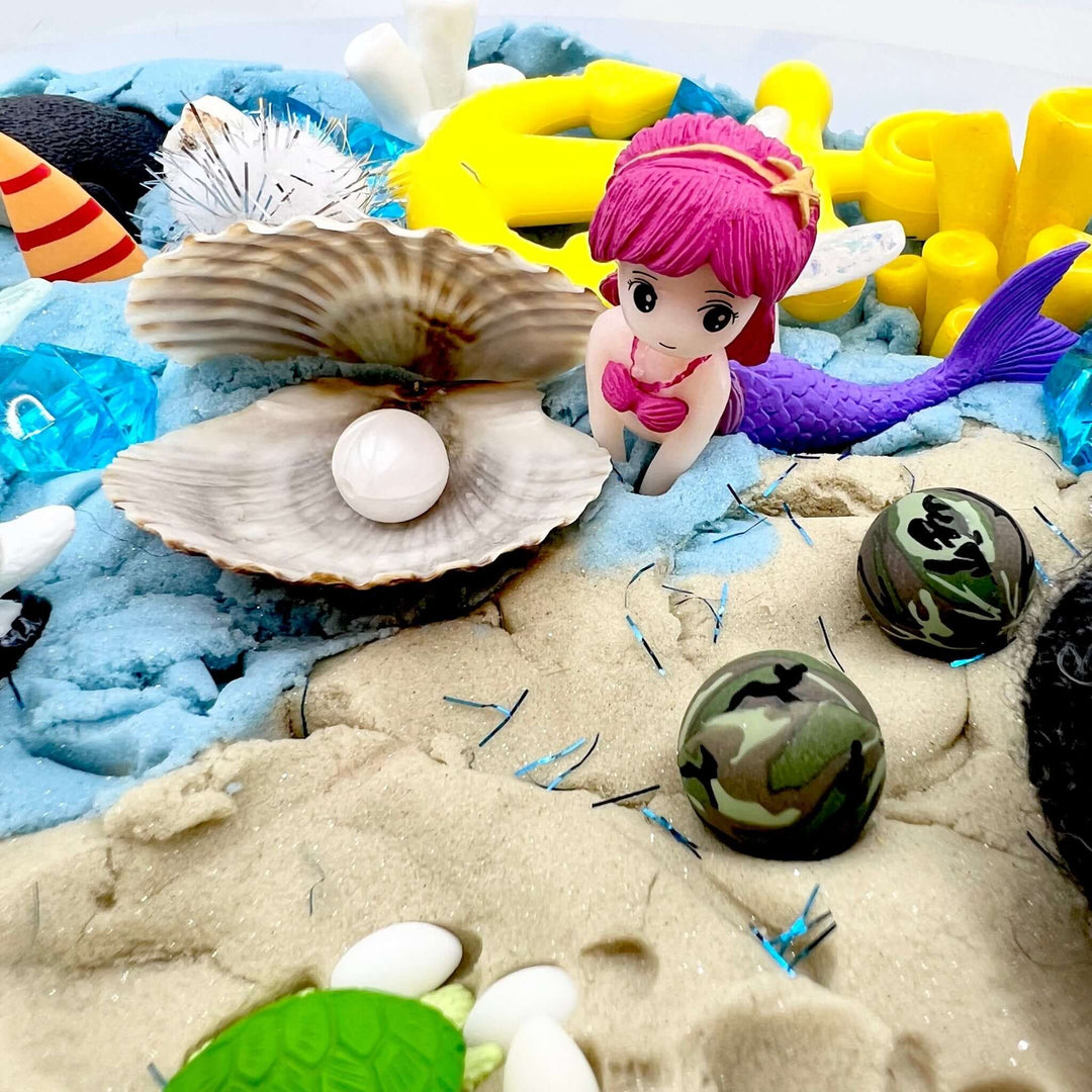 Blue & natural sand, a clam from natural seashells and a silicone pearl - Mystical Mermaid, Imaginary / Pretend play with sea creatures, Kinetic sand kit, Sensory learning, Montessori - Blossom & Bloom Kids