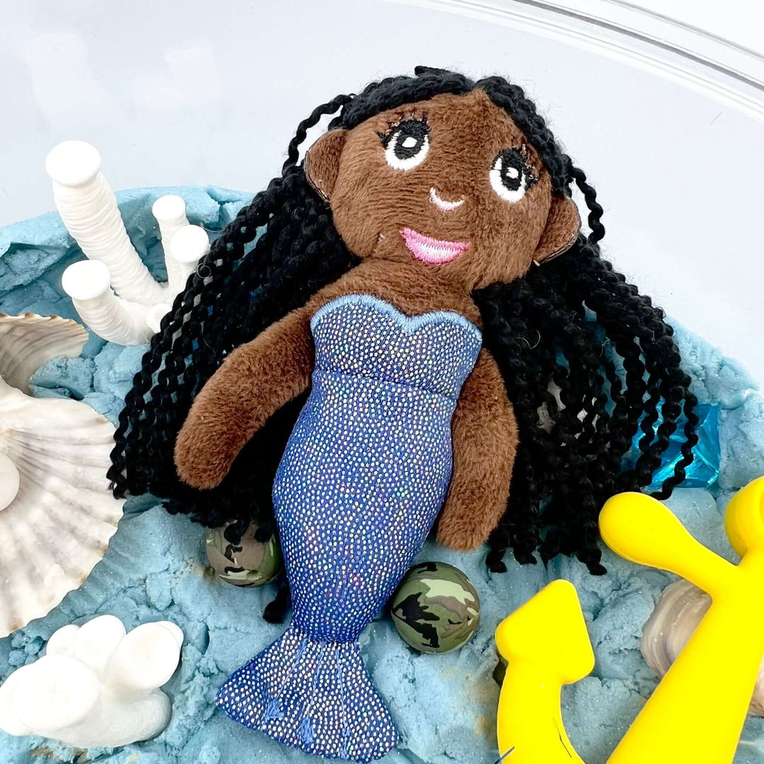 Mystical Mermaid kinetic sand kit with Organic cotton mermaid in black skin tone - Mystical Mermaid, Imaginary / Pretend play with sea creatures, Kinetic sand kit, Sensory learning, Montessori - Blossom & Bloom Kids