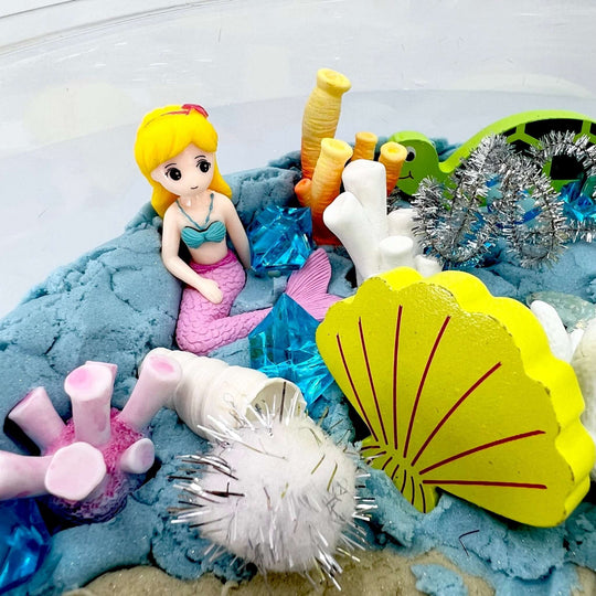 Little mermaid, coral, a green turtle, and kinetic sand - Mystical Mermaid, Imaginary / Pretend play with sea creatures, Kinetic sand kit, Sensory learning, Montessori - Blossom & Bloom Kids