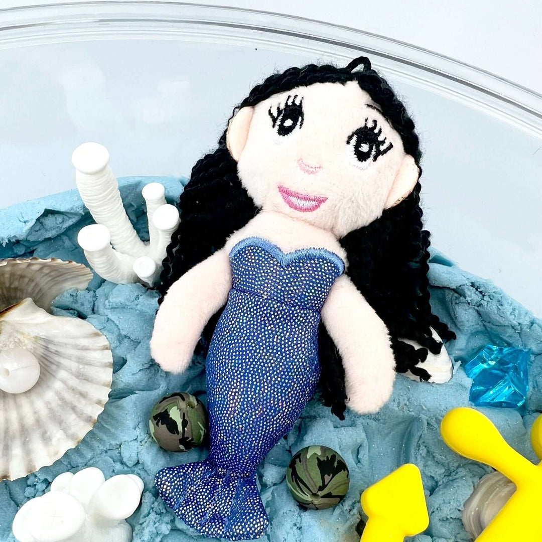 Mystical Mermaid kinetic sand kit with Organic cotton mermaid white skin tone - Mystical Mermaid, Imaginary / Pretend play with sea creatures, Kinetic sand kit, Sensory learning, Montessori - Blossom & Bloom Kids