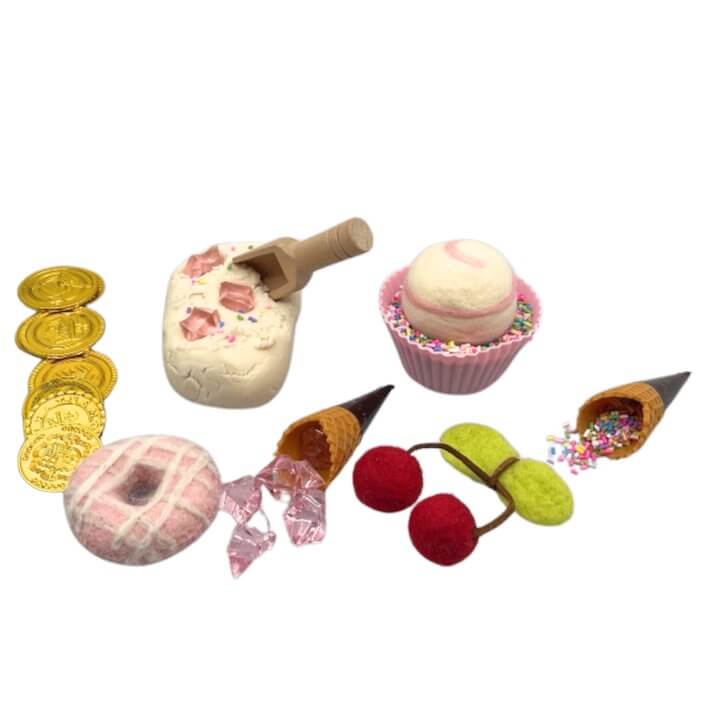 Sprinkles & Cream Playdough Kit by Blossom & Bloom Kids includes Gold Coins, Felt Donut, Playdough with Sprinkles, Gem stones, Waffle Ice Cream Cones with Chocolate, Silicone Cupcake Mould, Felt Cherries and Felt Ice Cream scoop - Sprinkles & Cream, Ice Cream Shop Playdough Kit - Blossom & Bloom Kids