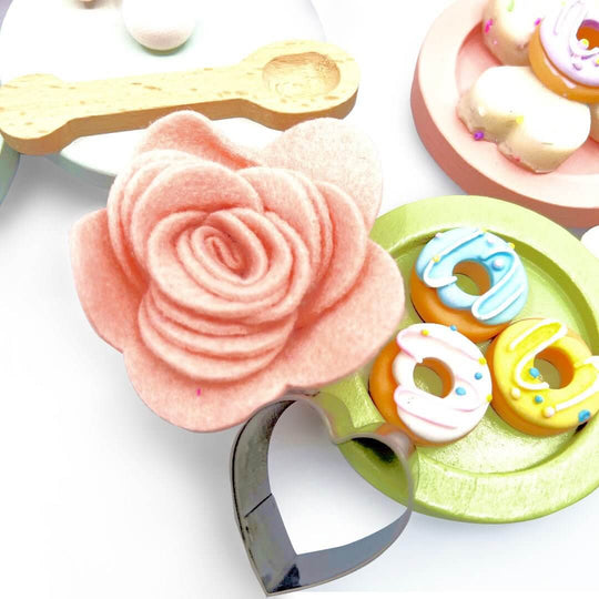 Felt flower with cookies wooden spoon and play dough heart cutter in wooden pretend play tea party set - The Perfect Tea Party Set, Pretend play with cookies, Playdough kit, Sensory learning, Montessori - Blossom & Bloom Kids - The Perfect Tea Party Set with Playdough - Blossom & Bloom Kids