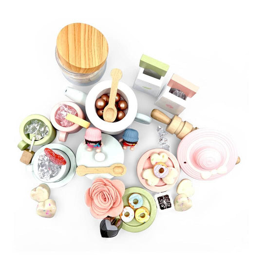 Tea cups with spoons cookies play dough cutter rolling pins and a hat - The Perfect Tea Party Set, Pretend play with cookies, Playdough kit, Sensory learning, Montessori - Blossom & Bloom Kids - The Perfect Tea Party Set with Playdough - Blossom & Bloom Kids