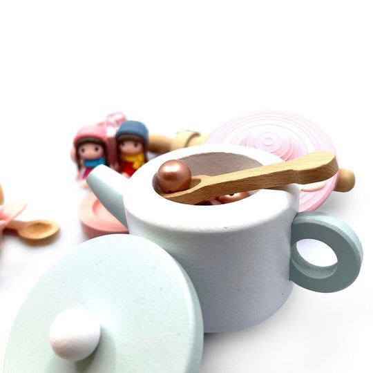 Tea pot with silicone beads in wooden pretend play tea party set - The Perfect Tea Party Set, Pretend play with cookies, Playdough kit, Sensory learning, Montessori - Blossom & Bloom Kids - The Perfect Tea Party Set with Playdough - Blossom & Bloom Kids