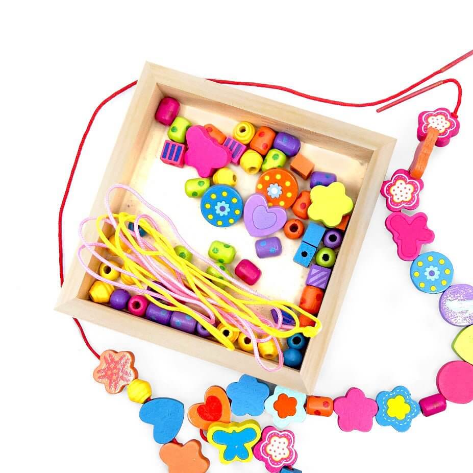 Wooden Bead Hearts & Butterflies Necklace with Wooden Tray and three color string from Blossom & Bloom Kids - Wooden Bead Hearts & Butterflies Necklace - Blossom & Bloom Kids