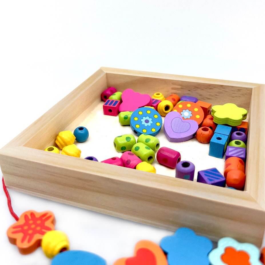 Wooden Bead Hearts & Butterflies Necklace Wooden Tray to sort and pick beads from Blossom & Bloom Kids - Wooden Bead Hearts & Butterflies Necklace - Blossom & Bloom Kids