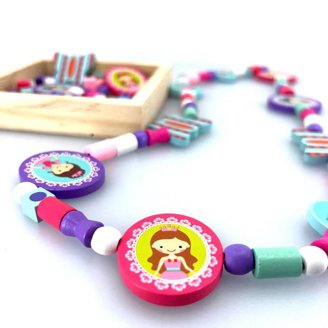 Multicolor Wooden Bead Necklace with princess charm - Wooden Bead Princess Necklace - Blossom & Bloom Kids