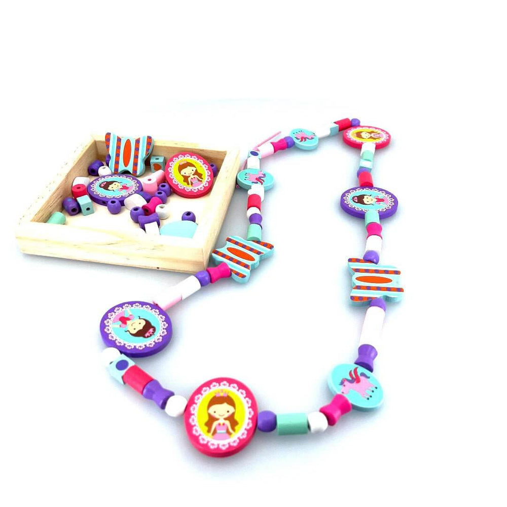 Multicolor Wooden Bead Necklace with wooden tray - Wooden Bead Princess Necklace - Blossom & Bloom Kids